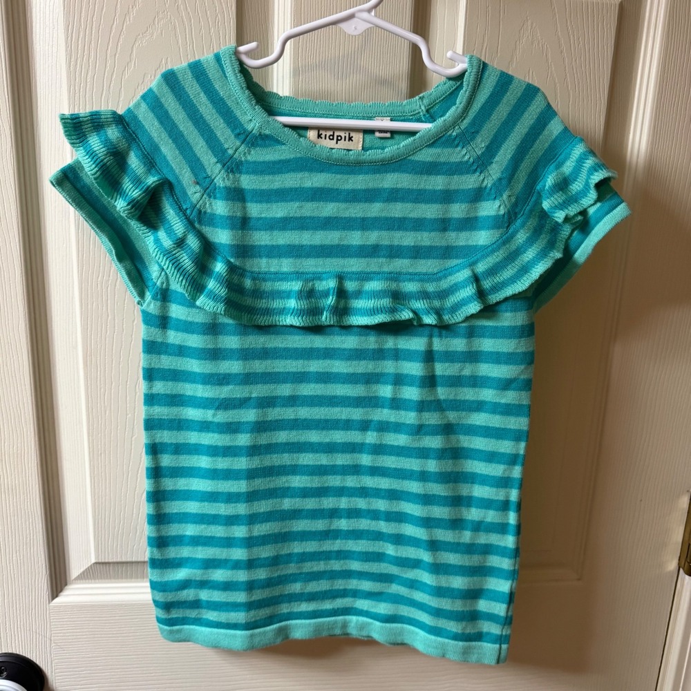 Kidpik Girls Striped Ruffle Sleeve Short‎ Sleeve Top Turquoise Blue Size 12